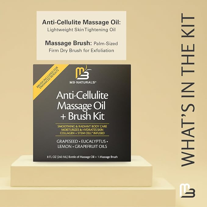 Anti Cellulite Massage Oil and Firm Dry Brush Kit | Collagen & Stem Cell Skin Tightening Kit | Radiant Body Care Kit for Women by M3