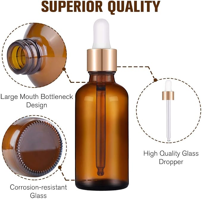 PrettyCare Set of 4, 1 oz Dropper Bottles with Golden Caps, Labels, Funnel & 2 Extra Dropper - 30 ml Thick Dark Amber Glass Empty Tincture Bottles for Personal Care & Beauty