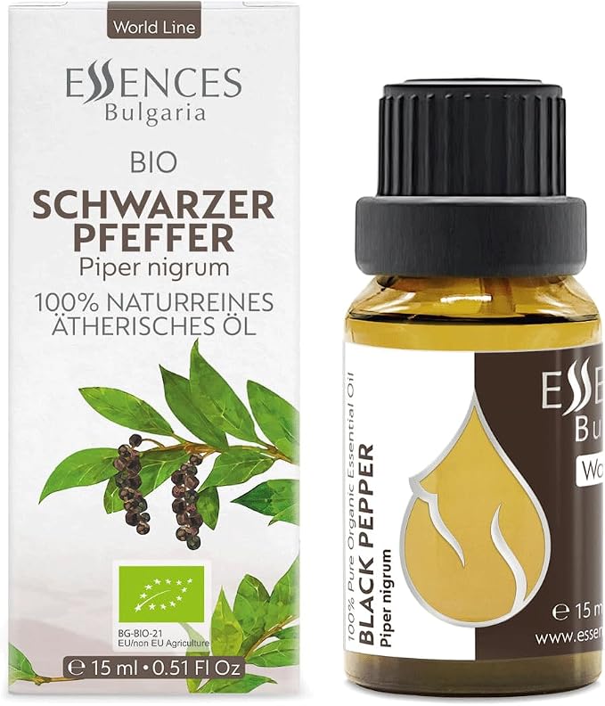 Essences Bulgaria Organic Black Pepper Essential Oil 0.51 Fl Oz | 15ml Piper nigrum - 100% Pure Natural Undiluted Therapeutic Grade for Aromatherapy Humidifier and Relaxing Massage to Ease Joint Ache