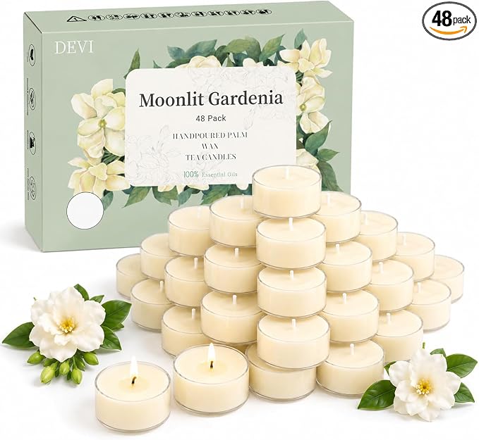 DEVI Moonlit Gardenia Highly Scented Tea Lights Candles 48 Pack, 5-6 Hours Natural Palm Tea Candles for Home Scented, Small Cream Votives with Essential Oils for Home Aromatherapy,Gifts for Woman