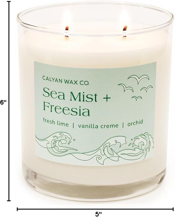 Calyan Wax Co. Sea Mist & Freesia 2 Wick Scented Candle - 37 Hour Burn - Luxury Clean Soy Wax Candles - Long Lasting Large Glass Jar Candle for Home - 8.8oz