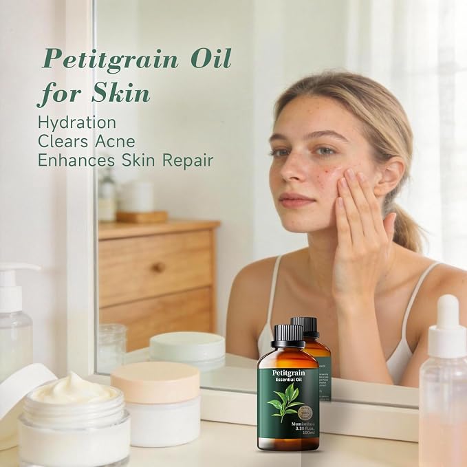 Petitgrain Essential Oil, Pure Mumianhua Natural Citrus‑Woody Aroma for Bedtime Serenity & Pillow Mist, Evening Wind‑Down, Diffuser, Skin, Hair, Candle Making – 3.38 Fl Oz