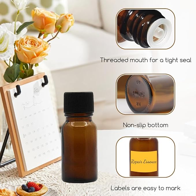 6Pcs Amber Glass Essential Oil Bottles with Orifice Reducer and Black Cap Empty Cosmetic Perfume Aromatherapy Storage Container Vial Pots Portable Refillable size 10ml/0.33oz