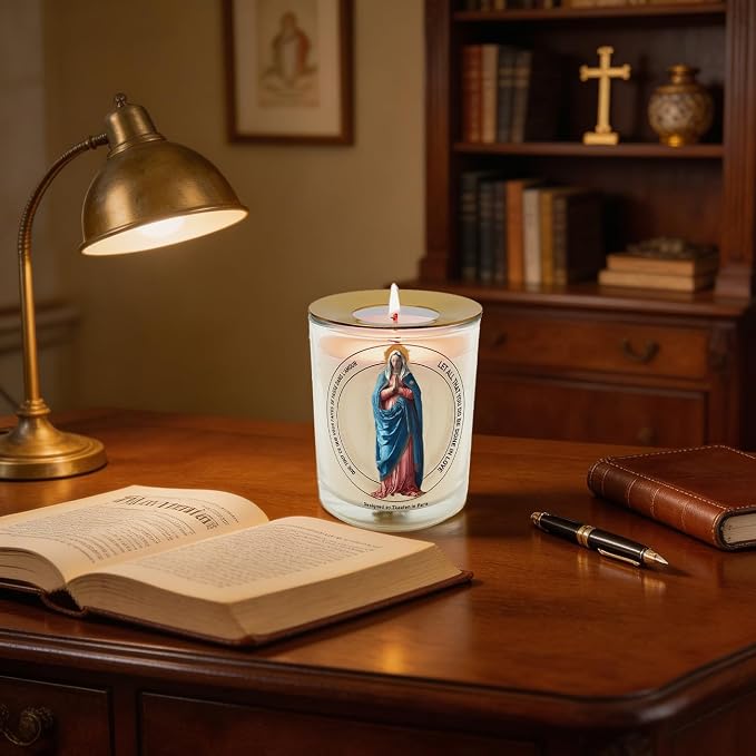 Mother Virgin Mary Rose Scented Candle 50 Hours with Warmer Ring│Natural Soy Wax│Family Protection, Guidance, Miraculous Blessing, Eternal Love, Grief Comfort│Design in Paris│3“×3.6”