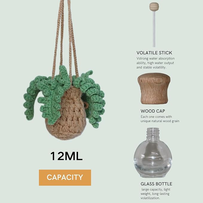 ROFIGL Handmade Crochet Hanging Car Air Freshener - Botanical Fern Leaf Design with 12ml Refillable Glass Essential Oil Bottle, Long-Lasting Car Diffuser & Nature-Inspired Decor