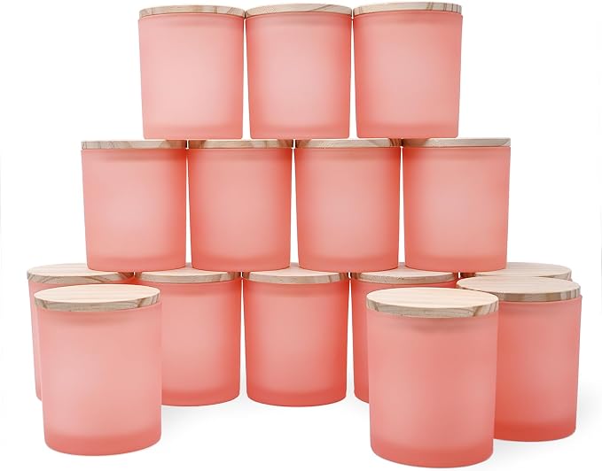 SHOWIN 10 OZ Thick Candle Jars for Making Candles 15 Pcs, Empty Jars with Wood Lids for Candle Making, Sample Container, Frosted Pink