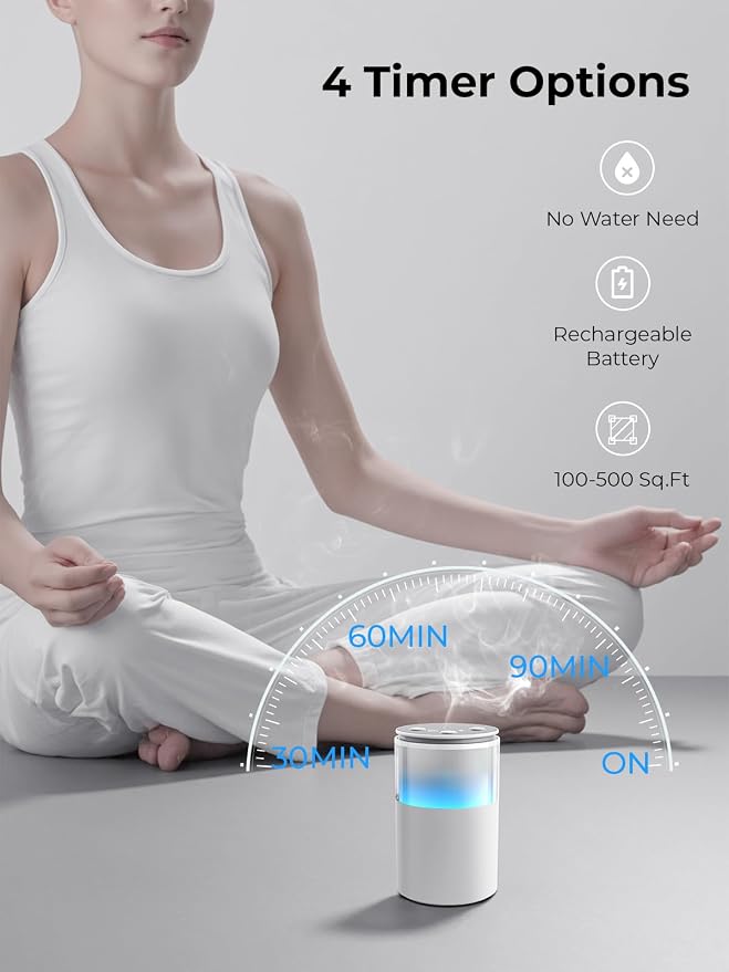 Waterless Essential Oil Diffuser: 𝟗 𝐂𝐨𝐥𝐨𝐫𝐬 𝐋𝐄𝐃 Scent Diffuser for Home&Car&Office - Portable Diffuser with 48H Battery, 4 Timers & 3 Mist Levels, Snow White