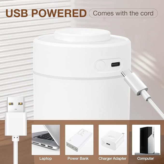 Small Mini Humidifier, USB Desk Cool Mist Humidifier Personal Portable Quiet Table Desktop Humidifiers for Cooling Home Office Car Summer Travel (180ml, White Grey)