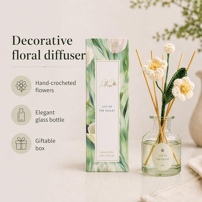 VANGIE Lily of The Valley Reed Diffuser for Home | Fresh Floral Scent | Elegant Glass Bottle with Handmade Flower | Long-Lasting, Vegan | Bedroom & Living Spaces
