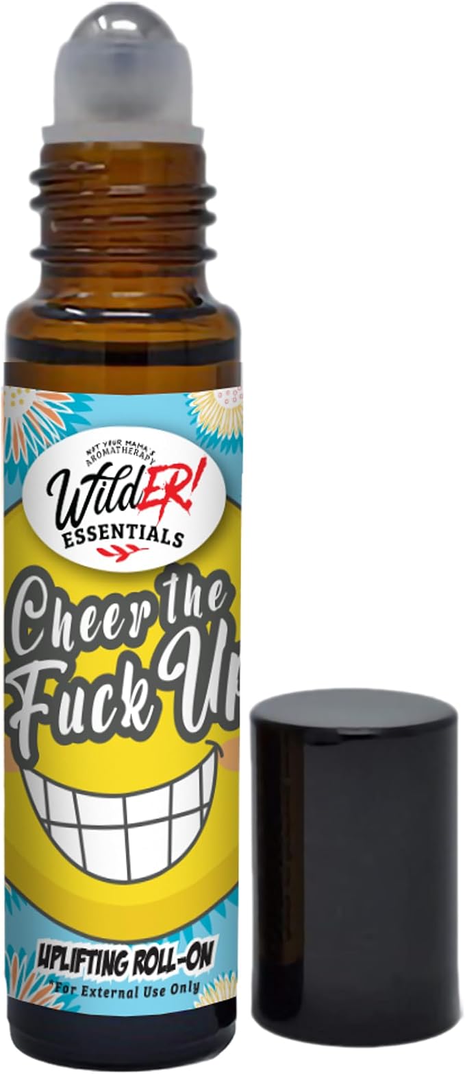 Wild-ER Essentials Cheer The F Up Aromatherapy Roll-On – Mood Boosting Essential Oil Blend with Basil, Black Pepper, Chamomile, Lavender, Orange & Petitgrain in Organic Jojoba – Made in the USA