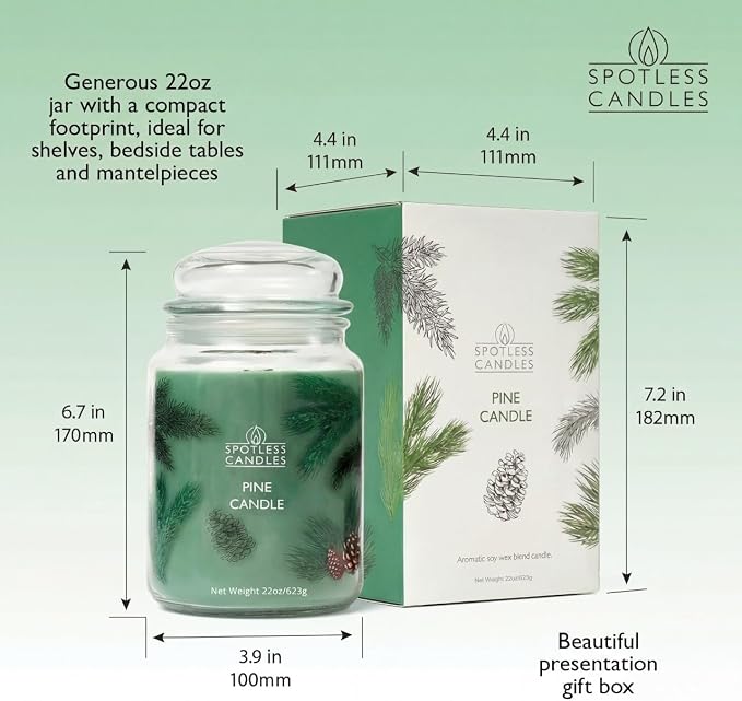 Pine Candle 22oz: 130 Hours Burn Time Hybrid Soy Candles Crackling Wooden Wick, in a Luxury Gift Box in a Protective Shipper by Spotless Candles