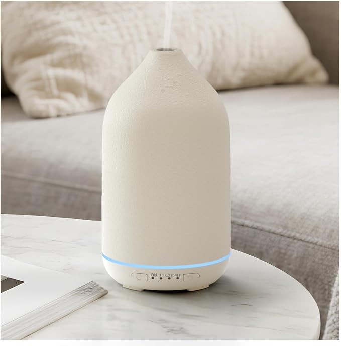 SALKING 200ml Ceramic Essential Oil Diffuser, Stone Diffusers for Essential Oils, Ultrasonic Aromatherapy Diffusers with with 7-Color LED Lights Timers, for Office Bedroom Home (White)