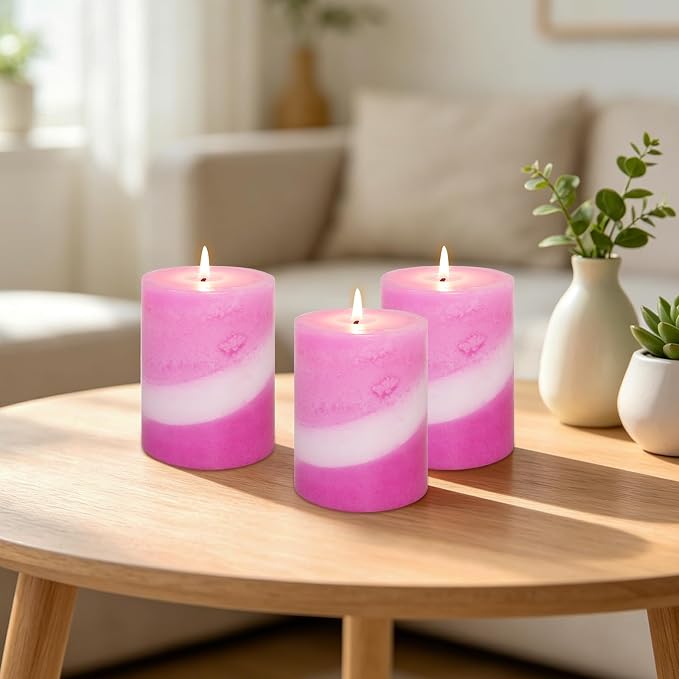 Crystal Club Rose Scented Candles Set of 3, 3x4 Inch Pillar Candle, 40+ Hours Long Burning Pink Scented Pillar Candle, Hand-Poured Paraffin Wax with 100% Cotton Wick Smokeless for Home Decor
