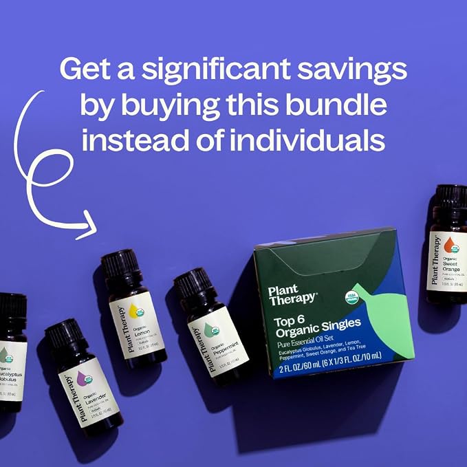 Plant Therapy Top 6 USDA Organic Essential Oil Set - Lavender, Peppermint, Eucalyptus, Lemon, Tea Tree 100% Pure, Natural Aromatherapy, for Diffusion & Topical Use, Therapeutic Grade 10 mL (1/3 oz)