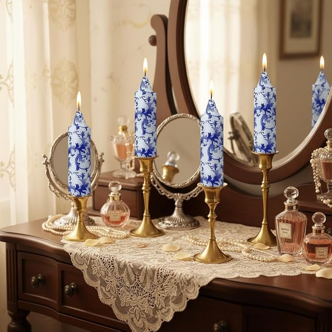 5 Inch Blue and White Tapered Candles Short Floral Candlesticks Hand Poured Unscented Smokeless Porcelain Candles for Dining Everyday Meals Family Dinner Elegance Blue White Porcelain Style