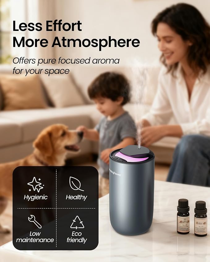 Waterless Diffuser for Essential Oil, Smart Car Air Freshener Diffuser with 3 Mist Grades & 3 LED Light Colors, Auto On/Off, Rechargeable Scent Air Machine