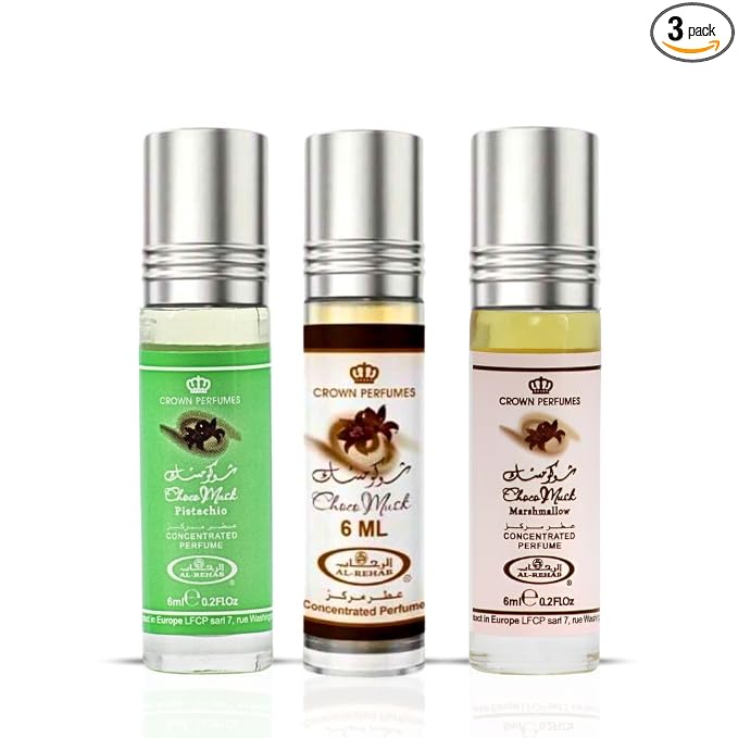 Al-Rehab Choco Musk Perfume Oils - Original, Marshmallow & Pistachio 6ml (0.2 oz) | Sweet Gourmand Fragrance | Chocolate, Vanilla, Fruity & Nutty Scents | Long-Lasting Roll-On Fragrance Oils (Bundle)