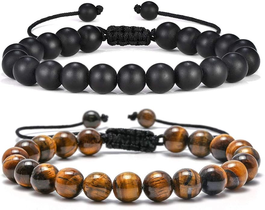M MOOHAM Mens Bracelet - Beaded Natural Stone 8mm Tiger Eye Matte Agate Lava Rock Bracelets for Men Teen Boys Grandpa Dad Birthday Gifts Jewelry