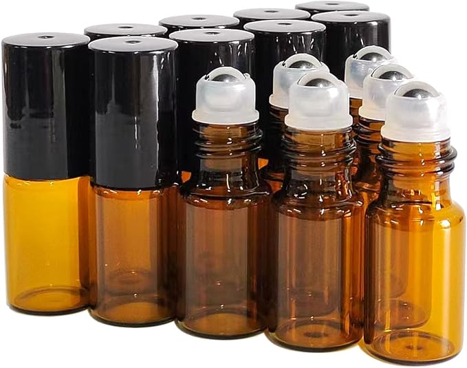 50 PCS 3ml Amber Glass Roller Bottle,Essential Oil Sample Vials with Stainless Steel Roller Ball,Black Caps,for Travel Perfume Cosmetics Small Container(2 Funnels, 2 Dropper, 1 Opener) (3ml)