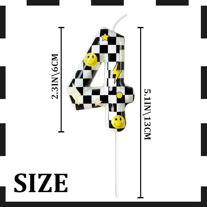 Number 4 Birthday Candle for Cake – Black White Checkered Smiley Design with Lightning & Star – Four Happy Dudes Theme Cake Topper for Birthday Party Decorations