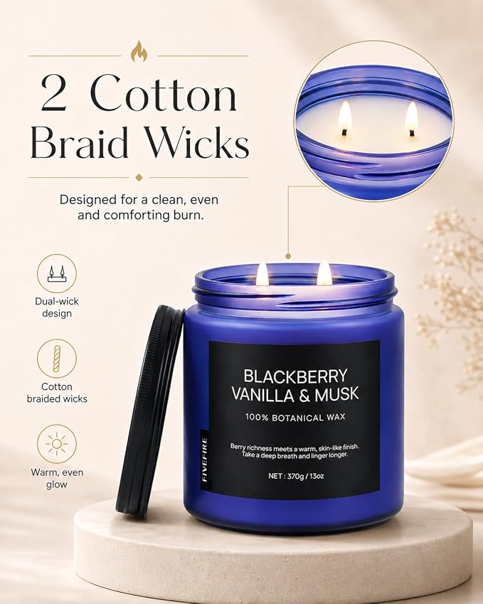 BlackBerry Vanilla Musk Home Scented Candles, 13oz Organic Soy Wax, 76-Hour Clean Burning, Natural Non-Toxic, Fruity & Warm Sensual Scent for Relaxation, Aromatherapy Housewarming Candle Men Women