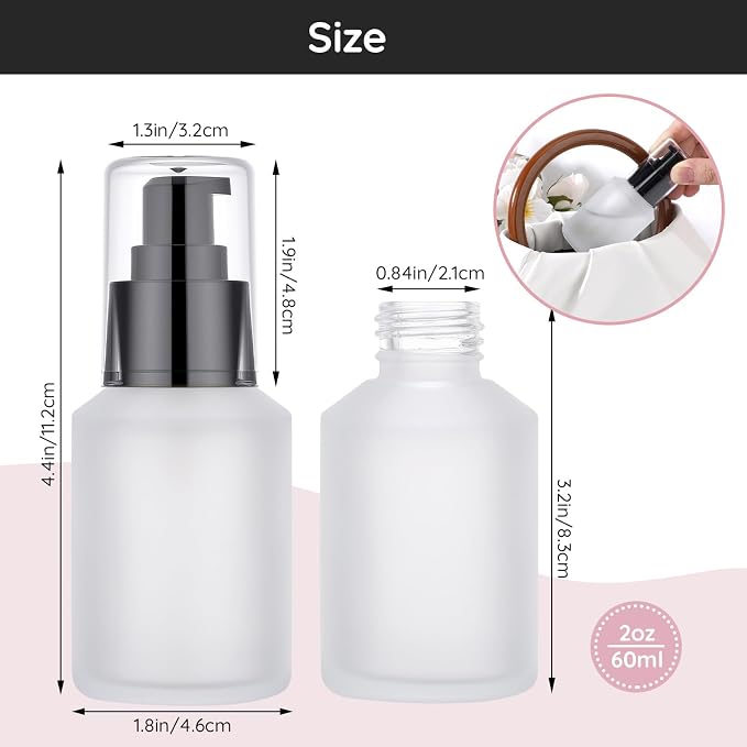 Segbeauty 2oz Frosted Glass Lotion Bottle for Travel, 5pcs Matte Translucent Empty Pump Bottle for Hair Oils, 60ml Travel Size Liquids Container, Refillable Cream Dispenser, Essential Oil Bottle
