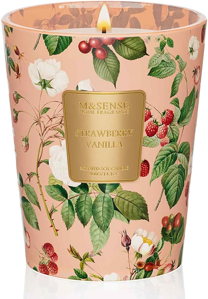 M&SENSE Strawberry Vanilla Soy Candle, 14.1oz 60H Long Lasting, Aromatherapy Candle for Bedroom Romance Home Decor Gifts