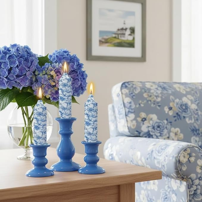 5 Inch Blue Flowers Chunky Taper Candles Short Handmade Blue and White Candle Sticks Smokeless Unscented Tapered Candles for Blue Wedding Present Spa Meditation Housewarming Home Decoration