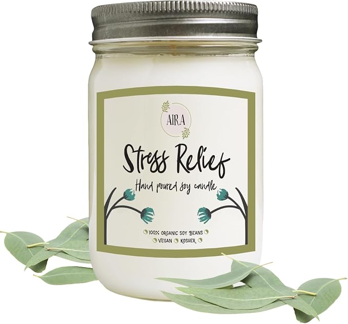 Aira Soy Candle – Stress Relief Eucalyptus & Spearmint – 12 oz Mason Jar – Hand-Poured USA – Long-Lasting Vegan Soy Wax Candle – Clean Aromatherapy – Paraffin-Free, Kosher, Cruelty-Free
