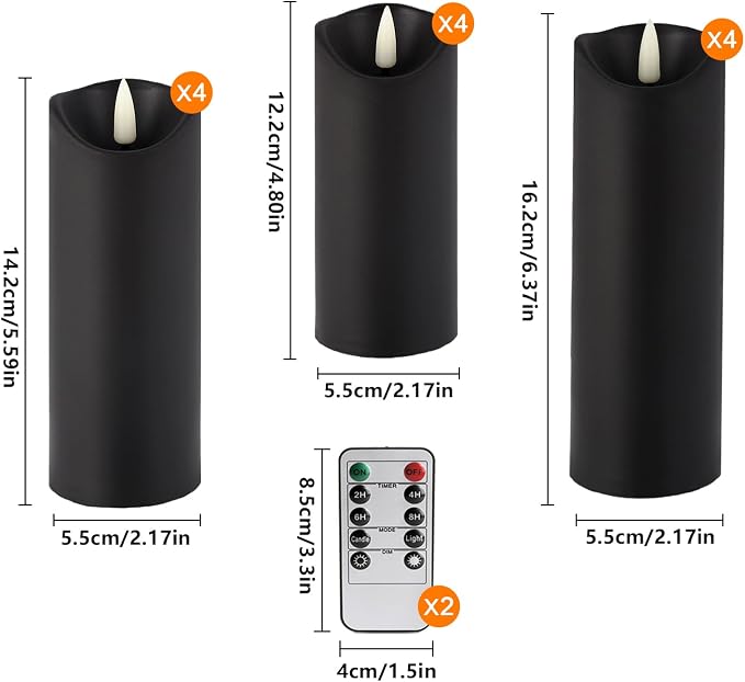 YOROXRG 12 Pack Halloween Decoration Flickering Flameless Candles, Battery Operated LED Pillar Candles with Remote Control and Timer.for Home Decor (D2.2 xH 5" 6" 7" Black)