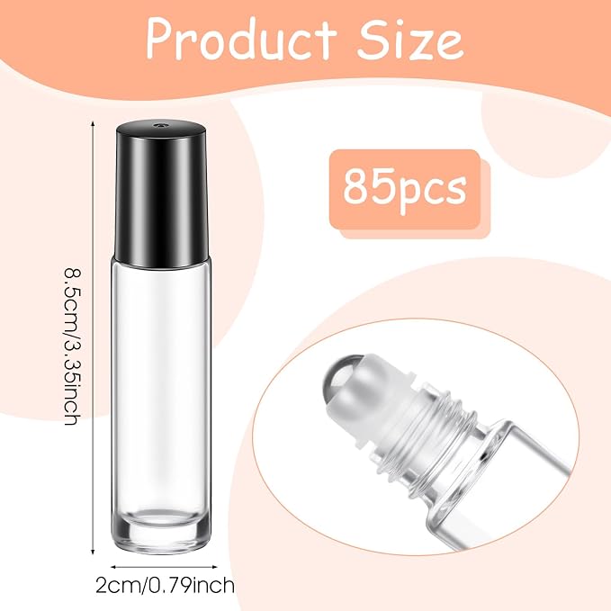85 Pcs 10ml Clear Empty Essential Oil Roller Bottles Leakproof Glass Roll on Bottles with Stainless Steel Balls with 4 Droppers for Travel, DIY Perfume, Lip Gloss