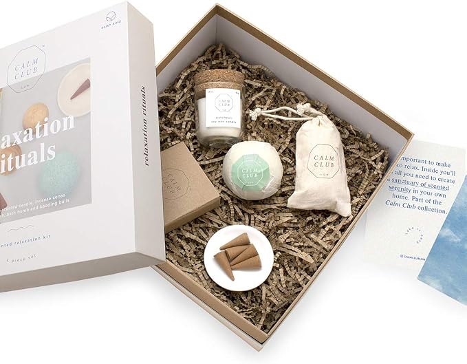 Calm Club | Scented Relaxation Rituals Kit | Scented Candles & Incense Cones | Relaxing Bath Bombs | Self Care Relaxing Gifts for Women | Baoding Stress Balls for Adults |