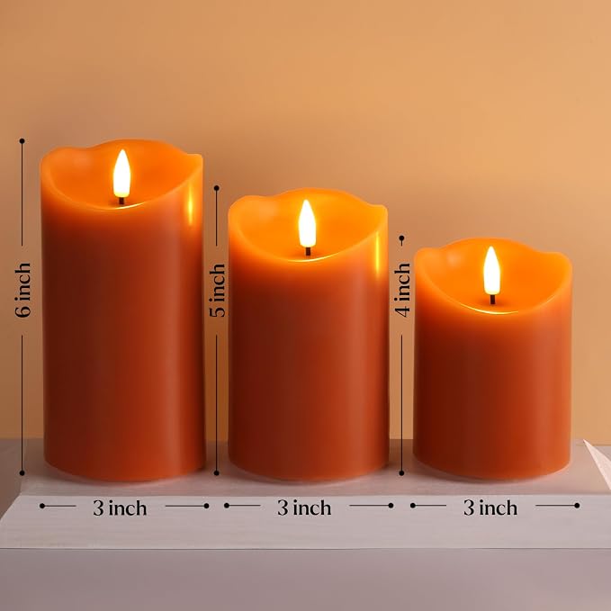 Burnt Orange Flameless Pillar Candles with Remote, LED Wax Candles Flickering Table Centerpiece Decor Set of 3