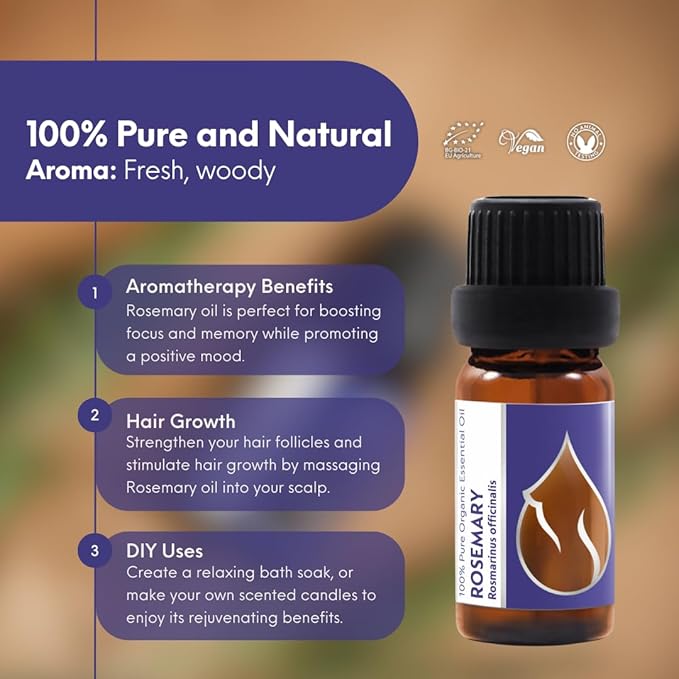 Essences Bulgaria Organic Rosemary Essential Oil 1/3 Fl Oz | 10ml | Rosmarinus officinalis | 100% Pure and Natural | Undiluted | Therapeutic Grade | Family Owned Farm | Steam-Distilled | Non-GMO
