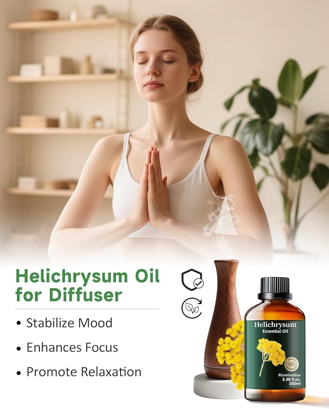 Helichrysum Essential Oil Pure – Mumianhua Natural Oil for Skin & Hair, Aromatherapy for Massage, DIY Candle & Soap Making, Diffuser & Humidifier – 3.38 Fl oz