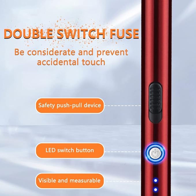 Electric Candle Lighter Rechargeable Plasma Flameless USB Lighter with Safety Lock Dual Arc LED Display for Grill Kitchen Camping (Red)