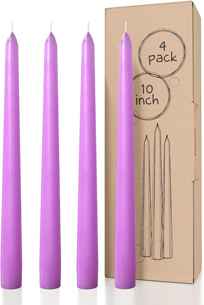 CANDWAX 10 inch Taper Lilac Candles Pack of 4 - Unscented Smokeless Dripless Tall Candlesticks - Perfect for Special Occasions, Ordinary Dinners, for Mother's Day - Lavender Candle Sticks