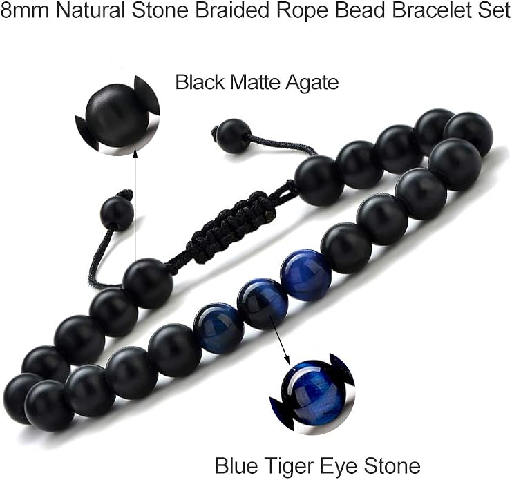 M MOOHAM Mens Bracelet - Beaded Natural Stone 8mm Tiger Eye Matte Agate Lava Rock Bracelets for Men Teen Boys Grandpa Dad Birthday Gifts Jewelry