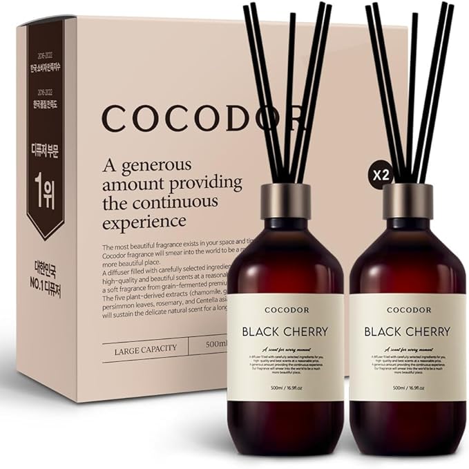 COCODOR Premium Reed Diffuser/Black Cherry /16.9oz /2 Pack/Large Capacity Fragrance Scent Oil Stick Diffuser Set for Bedroom Bathroom Home Décor
