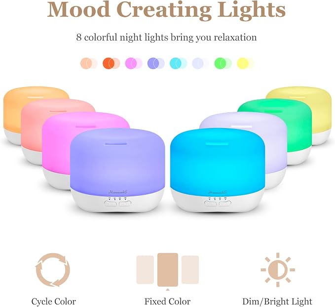 Aromatherapy Essential Oil Diffuser for Room: Air Humidifier Aroma Scent Cool Mist Colorful Lights Cute Small Large Auto Off Ultrasonic Diffusers for Home Bedroom White (300ml)