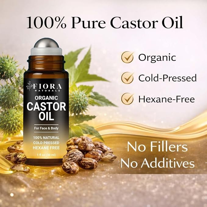Organic Castor Oil Roll On & Stainless Steel Gua Sha Facial Tool – Metal Face Sculpting Tool, Cooling Gua Sha Oil Massage Set, Jawline Lift, Puffiness Care, Facial Oil Roller for Skin Routine