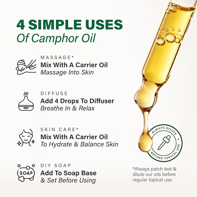 100% Pure Camphor Oil - 4 Fl Oz Camphor Essential Oil for Hair, Skin, Diffuser, Aromatherapy & DIY Soap Making Scent