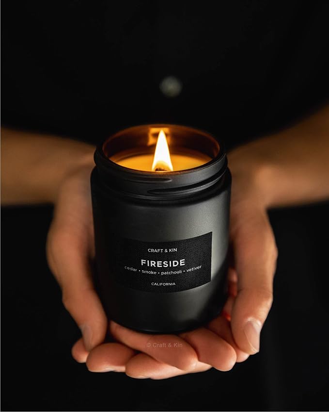 Craft & Kin Premium Smoky Fireside Scented Candle – Long Lasting, 45 Hour Burn Time – Luxury Black Natural Soy Scented Candle for Men with Wood Wick – Room Decor and Aromatherapy – 7.6 oz