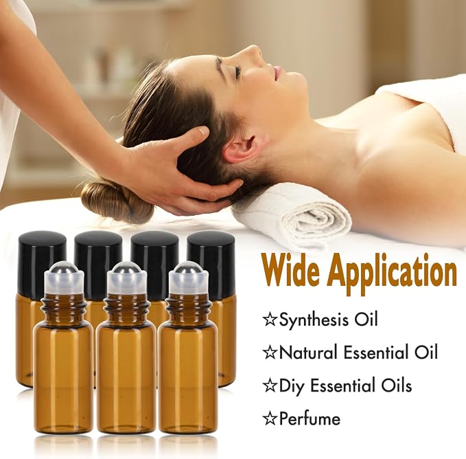 3ml Roller Bottles 24Pack Amber Thick Glass Essential Oil Bottles with Stainless Steel Roller Ball and 2 Droppers