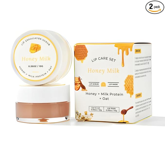 Lip Mask & Scrub Set(Honey + Milk Protein + Oat), Overnight Moisturizer for Cracked & Dry Lips Care, Hydrating Plumper Kit, Sugar Exfoliator Gift for Women