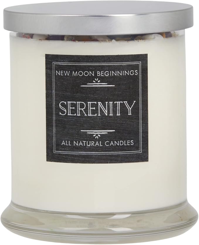 Lavender Chamomile Candle by New Moon Beginnings - Calming Energy Candle - Crystal Candle & Herb Candle - Aromatherapy Candle - Essential Oil Candle (12 Ounce Round Glass)