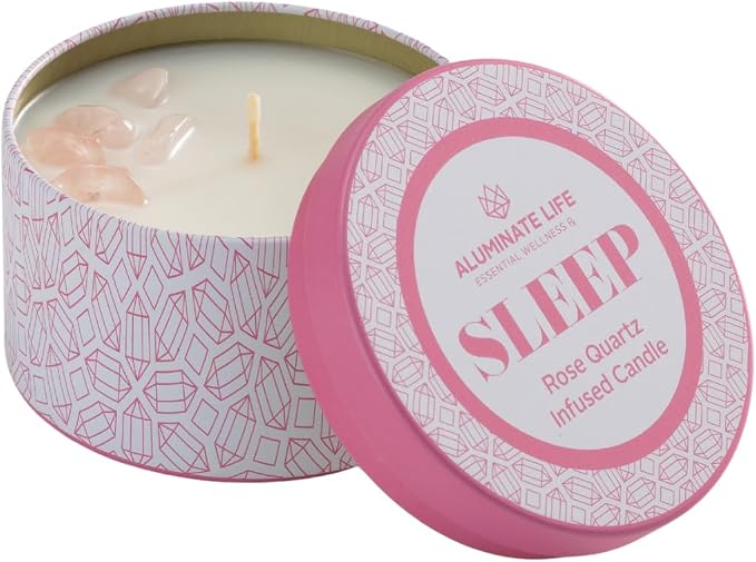 Luxury Candle Tin, 4 OZ, Sleep - Rose Quartz Crystal Infused - Scents of Rose, Lavender, and Vanilla - Tranquility, Love, & Comfort - Coconut Wax Blend, Valentine's Day Gift