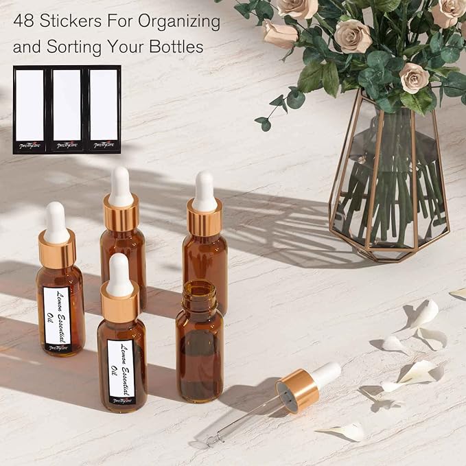 PrettyCare Glass Eye Dropper Bottles 24 Pack, 0.5oz (15ml) Small Amber Empty Thick Bottles with Leakproof Golden Caps - With Labels & Funnels for Storage, Travel, Essential Oils, Tinctures