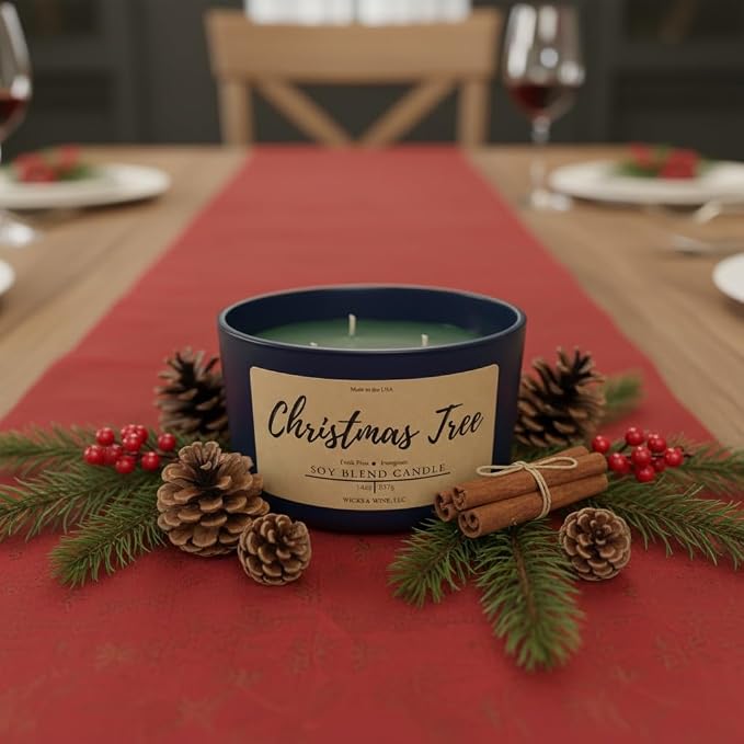 Wicks & Wine Soy Blend 3-Wick Cotton CORE Candle 14oz (Christmas Tree)