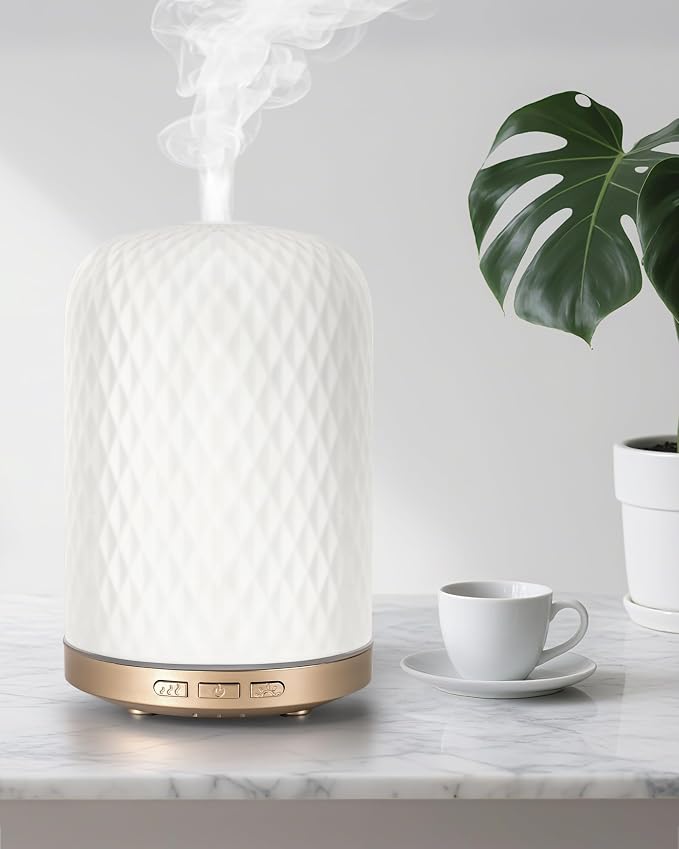Essential Oil Diffuser - 2.4MHz Ultrasonic Ceramic Diffuser with Pulse/Continuous Mist & Night Light, Waterless Auto-Off, Silent Aromatherapy Diffuser for Home, Office, Yoga, Spa, Gifts & Home Decor.